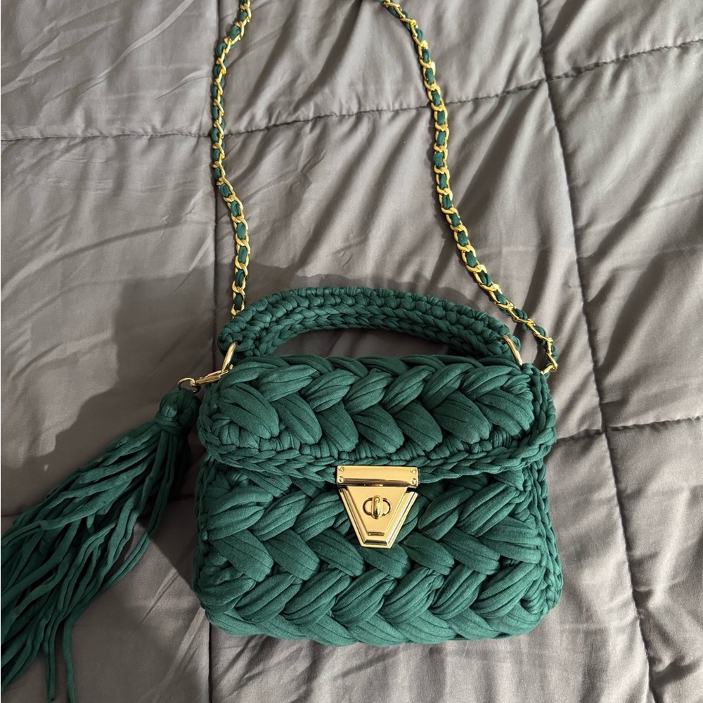 Green Woven Handbag with Gold Accents